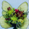 Bouquet with green and burgundy flowers in front of large translucent green wings
