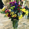Colorful mixed bouquet in a clear glass vase