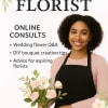 Promotional flyer with a florist holding a bouquet and consultation text