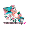 Valentine's Day graphic with a hand holding an envelope and pink flowers