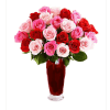 Pink tone roses and red vase showing the world is living in