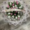 Pink and white tulip bouquet with a Valentine ribbon and Hello Kitty wrap