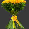 Bouquet of yellow roses wrapped with green leaves and a yellow ribbon