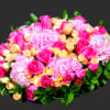 Bouquet of pink roses and hydrangeas with peach spray roses