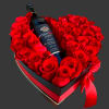 Heart-shaped box of red roses with a wine bottle in the center