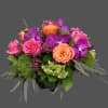 Bouquet of pink and orange roses with purple orchids