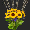 Sunflowers in a green vase with pussy willow branches