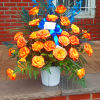 Orange roses in a white pot with blue accent flowers and ribbon