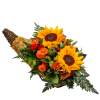 Sunflower bouquet in a woven basket with orange and red flowers