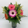 A joyful bouquet featuring vibrant gerbera daisies accented with snapdragons and greenery.
