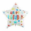 Star-shaped birthday balloon with colorful text and stars