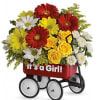 Flower arrangement in a red baby carriage with "It's a Girl!" text