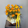 Orange ranunculus arrangement with white hydrangea and yellow ribbon in a basket