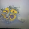 Bouquet of yellow sunflowers with pale greenery and white filler