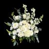 White roses and chrysanthemums arranged with tall white blooms