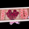 Heart-shaped rose arrangement in a white gift box with pink ribbon