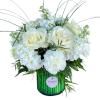White roses and carnations in a green glass vase