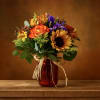 Bouquet of sunflowers, roses, and purple flowers in a red glass vase
