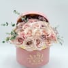 Delicate combination of 25 large dusty pink roses with lavender and pink