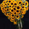 Heart-shaped sunflower arrangement with a ribbon bow on a dark background