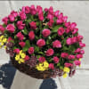 Basket of pink roses with small yellow and purple flowers