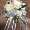 White rose bouquet with silver ribbon and crystal accents