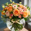 Bouquet of peach and pink roses in a clear glass vase