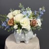 A charming baby boy arrangement featuring soft blue blooms, creamy white roses