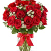 A stunning bouquet of 18  radiant red roses, complemented by the