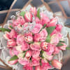 Pink floral bouquet with roses and tulips, wrapped in Korean paper and