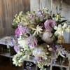 Bouquet of lavender and white flowers with airy filler blooms