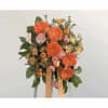 Orange gerbera daisy arrangement with pink accents on a stand