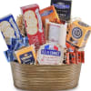 Gift basket with crackers, chocolates, and cheeses in a gold container