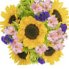 Perfect spring bouquet, sunflowers, green poms, pink also and purple statice in