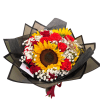 Bouquet with large sunflower, red roses, and white filler flowers wrapped in black paper with a red ribbon.