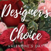 Red and pink roses with variegated greenery and Valentine's Day text