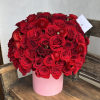 Large bouquet of red roses in a pink cylindrical box