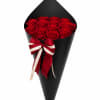 Bouquet of red roses wrapped in black paper with a red ribbon