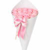 Bouquet of pink roses wrapped in white paper with a pink ribbon