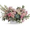 Pink roses and lilies in a white rectangular vase