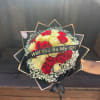 Bouquet of red and cream roses with a "Will You Be My GF?" ribbon