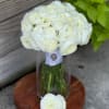 White ranunculus bouquet in a clear glass vase on a wooden stand