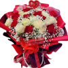 Bouquet of red and white roses with baby’s breath in red wrapping
