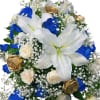 Bouquet of white lilies, blue and gold roses, and baby's breath