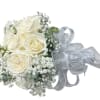 White rose bouquet with baby's breath and a silver ribbon
