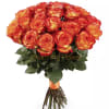 Bouquet of orange and yellow roses with dark green foliage