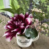 Magenta and white dahlia arrangement in a white mug vase