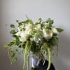 White bouquet with trailing green amaranthus and mixed foliage