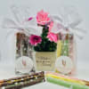 Gift set with pink flowers and decorated pretzel rods in clear bags