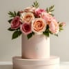 Pink and peach roses arranged in a round blush box